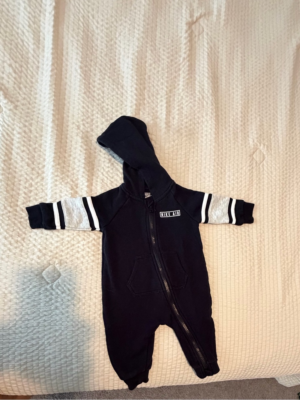 Nike Black Hooded Baby One-Piece with White Striped Sleeves
